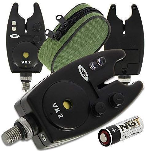 A black electronic fishing bite alarm labeled VX 2 is shown from multiple angles, alongside a green carrying case and battery. The brand NGT is visible—perfect fishing gifts or gift ideas for men who love the sport. gift idea
