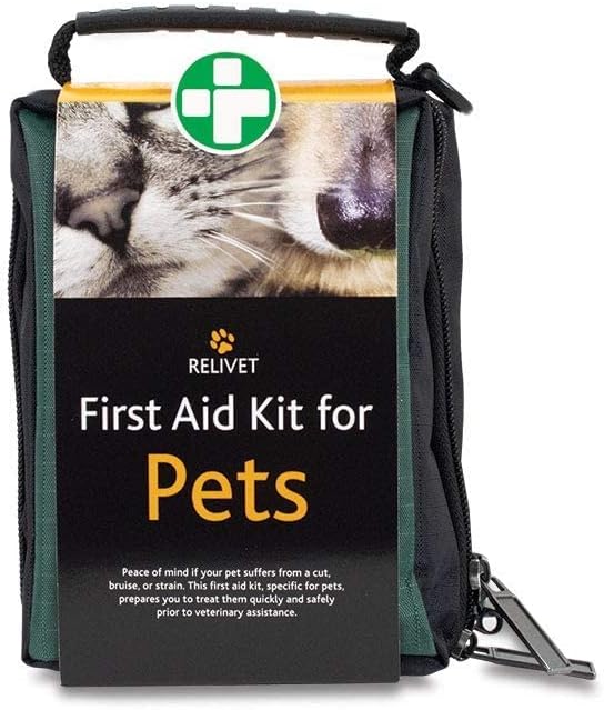A black and green RELIVET First Aid Kit for Pets, featuring close-up images of a dog and cats faces, plus a white medical cross in a green circle at the top—an essential gift idea for pet owners. alwaysagift.co.uk