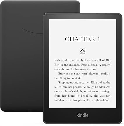 A black Kindle e-reader displayed with its front and back visible. The screen shows the beginning of a book, starting with Chapter 1—a thoughtful gift idea for any book lover. alwaysagift.co.uk