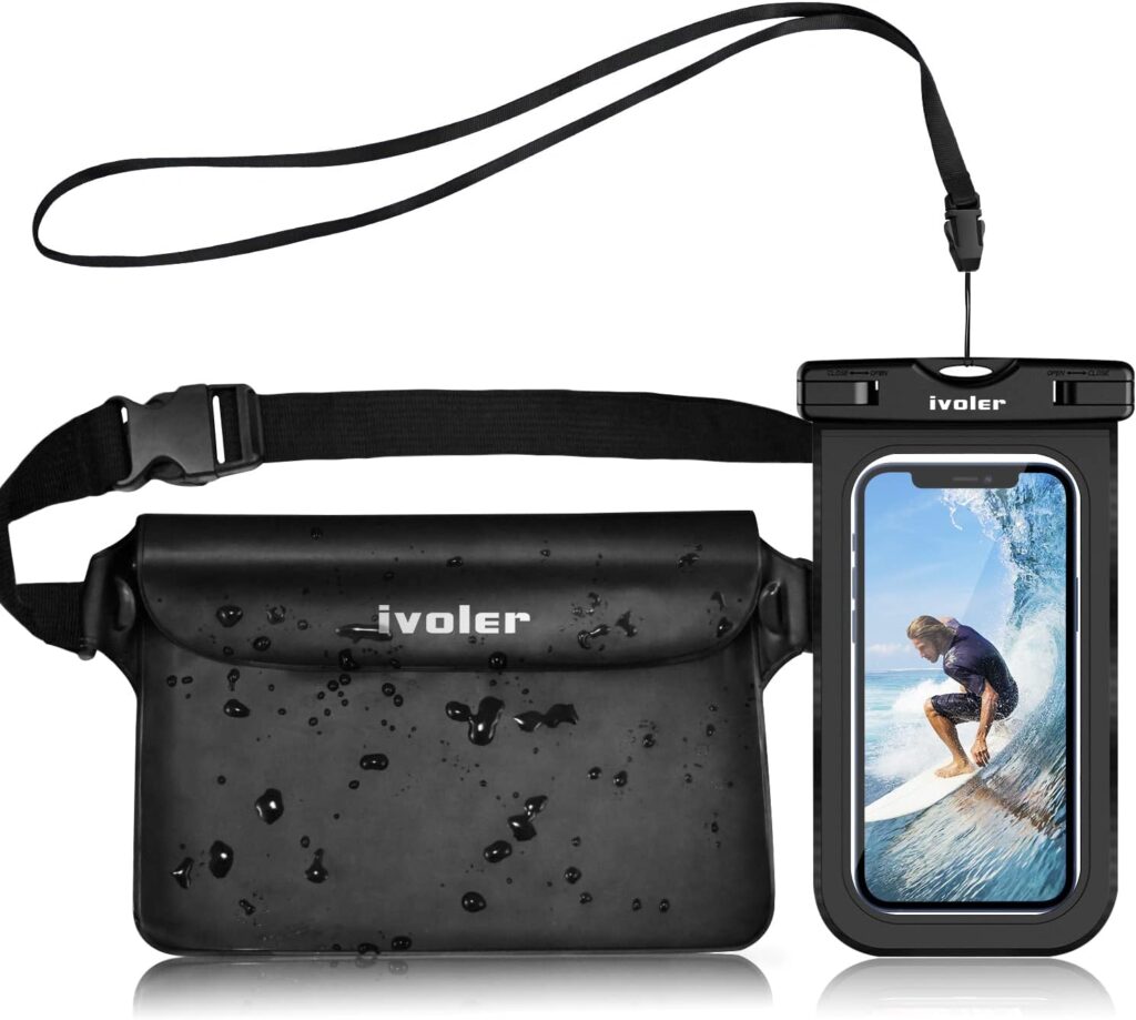 A black waterproof waist pouch and a clear waterproof phone case with lanyard, both branded ivoler. The phone case displays a smartphone showing a man surfing—a perfect fishing gift and one of the coolest gift ideas for men. gift idea