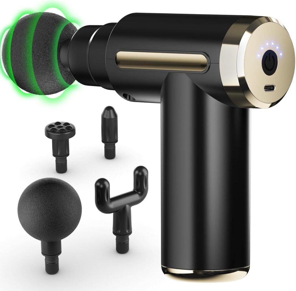 A black handheld massage gun with a digital power button and four interchangeable heads—round, fork, flat, and bullet-shaped—makes one of the most thoughtful gifts or perfect Fathers Day gifts for relaxation, displayed on a white background. gift idea