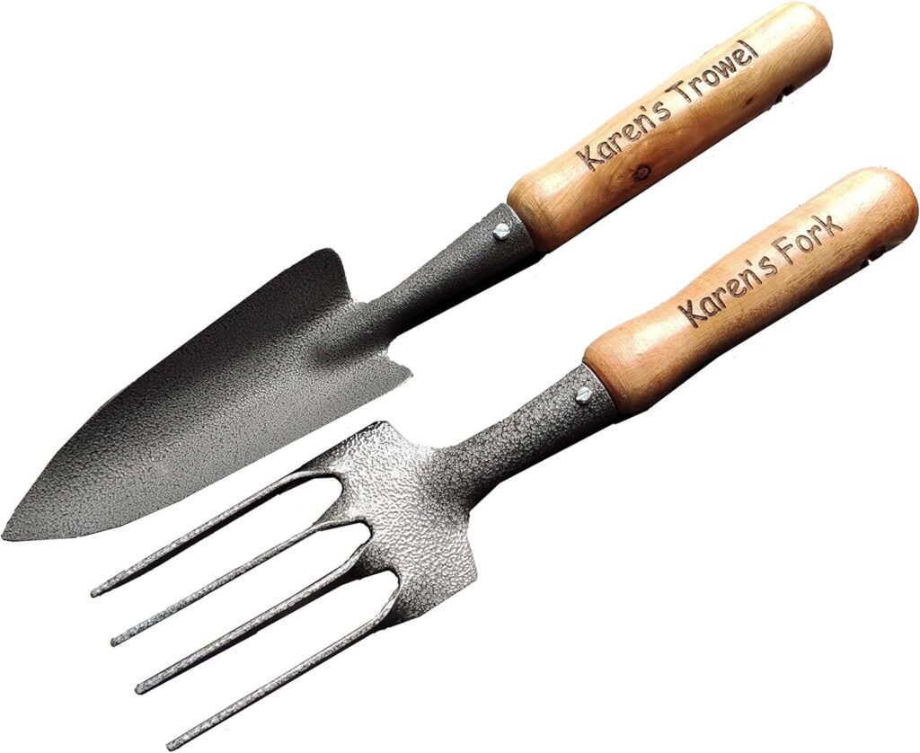 Two gardening tools with wooden handles are shown: a trowel and a fork. The handles are labeled Karens Trowel and Karens Fork. A thoughtful gift idea, their gray, textured metal parts offer both style and durability for any garden lover. alwaysagift.co.uk