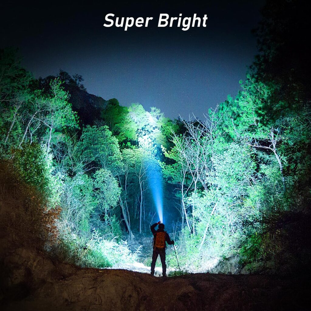 A person stands outdoors at night, shining a powerful flashlight that brightly illuminates trees and a hillside ahead; Super Bright text is shown at the top—perfect for fishing gifts or gift ideas for men who love adventure. gift idea