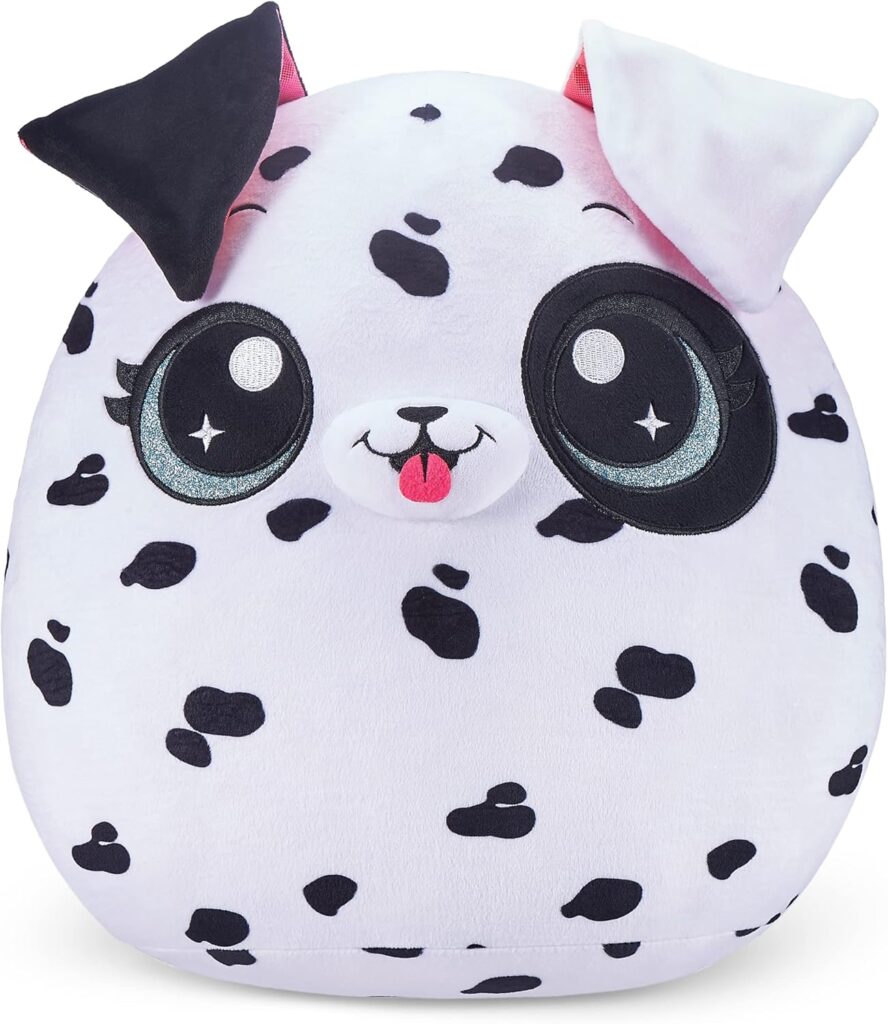 A plush toy shaped like a round dog with black spots, embroidered sparkly eyes, a small pink tongue sticking out, and two ears—one black, one white with pink inside—makes an adorable gift idea for any occasion. alwaysagift.co.uk
