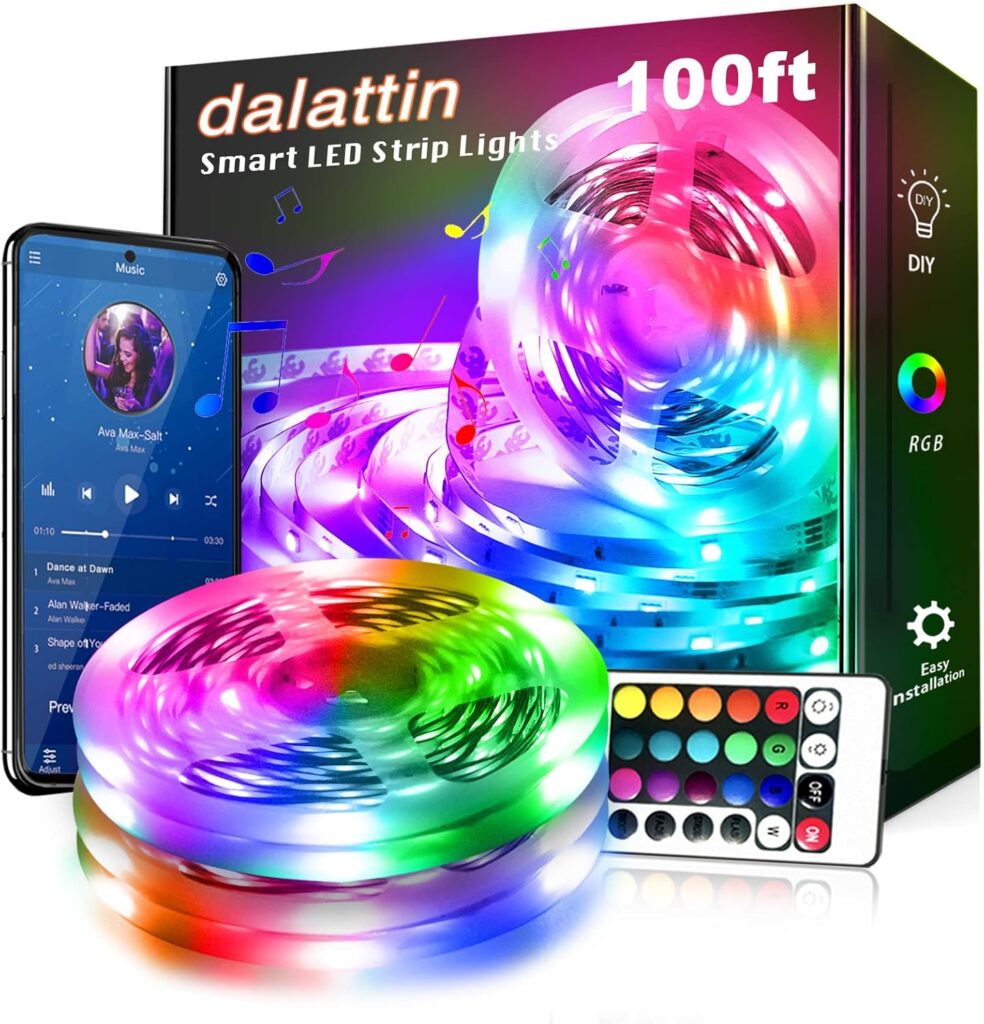 A box of Dalattin 100ft Smart LED Strip Lights is shown with glowing, multicolored strips, a smartphone displaying a music app, and a remote control—highlighting DIY features and RGB colors, making it a fun gift idea with easy installation. alwaysagift.co.uk