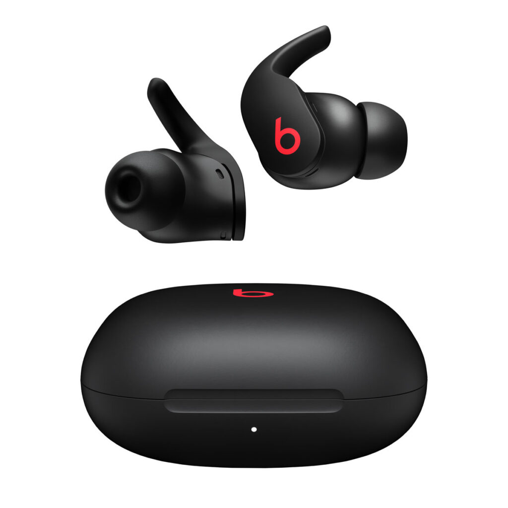 A pair of black wireless Beats earbuds with red b logos, shown with a matching black charging case, all set against a white background—a sleek gift idea for music lovers. alwaysagift.co.uk