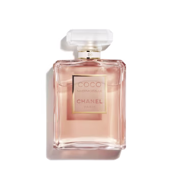 A clear rectangular bottle of Chanel Coco Mademoiselle perfume with a pale pink liquid inside and a frosted white cap, photographed on a white background—an elegant gift idea for any occasion. alwaysagift.co.uk