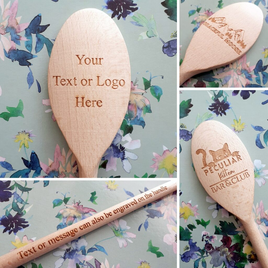 A collage shows customizable wooden spoons—perfect baking gifts. The main image displays Your Text or Logo Here engraved on the spoon. Other spoons show logos, and one handle demonstrates side engraving. Background is floral, ideal for gifts for bakers. gift idea