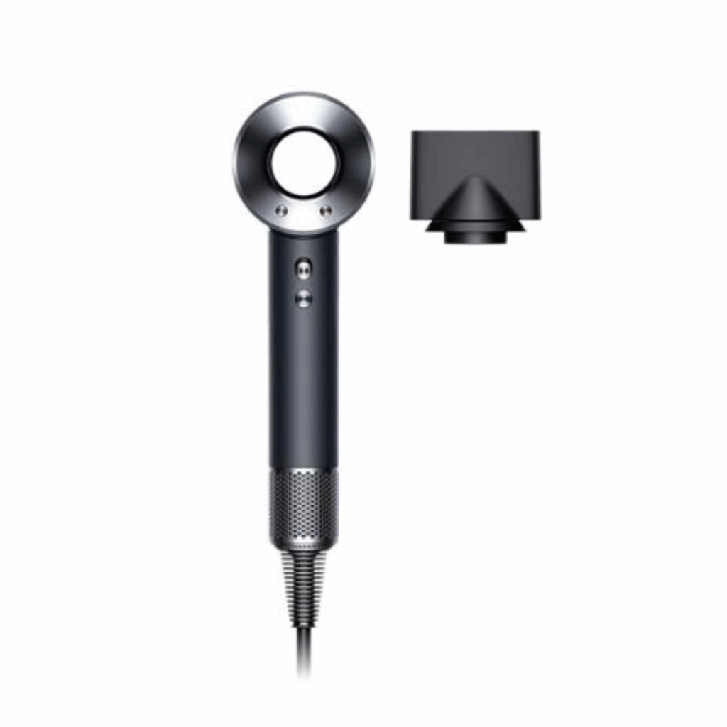A modern, sleek hair dryer with a circular, open center and silver handle, shown alongside a detachable nozzle attachment on a white background—a stylish gift idea for anyone who loves great hair. alwaysagift.co.uk