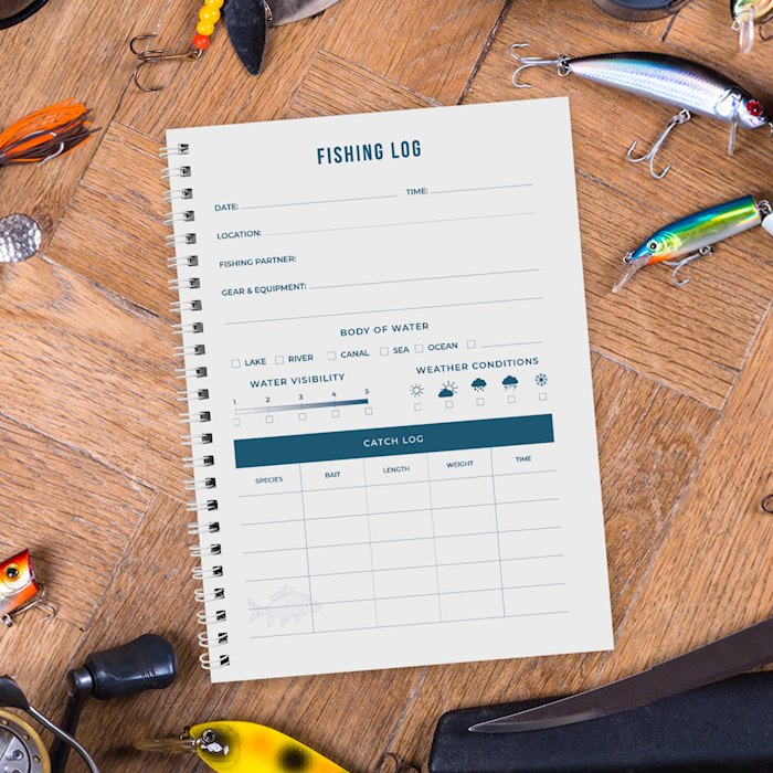 A fishing log notebook lies open on a wooden surface, surrounded by lures and gear—perfect as one of the coolest gift ideas for men who love to fish, with sections for date, location, partner, weather, and catch details. gift idea