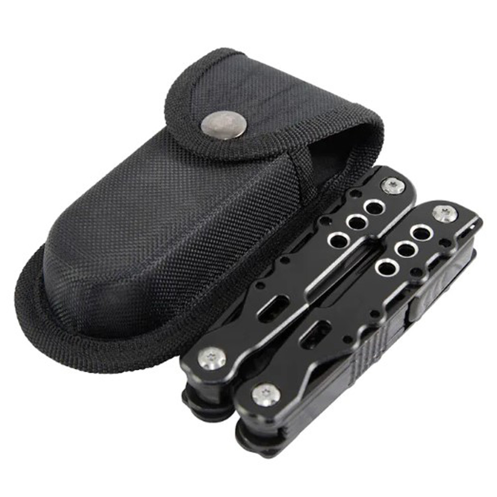 A black multi-tool with multiple functions is shown folded next to its matching black fabric carrying case with a snap button flap—perfect as one of those cool gifts or unique gift ideas for men. gift idea