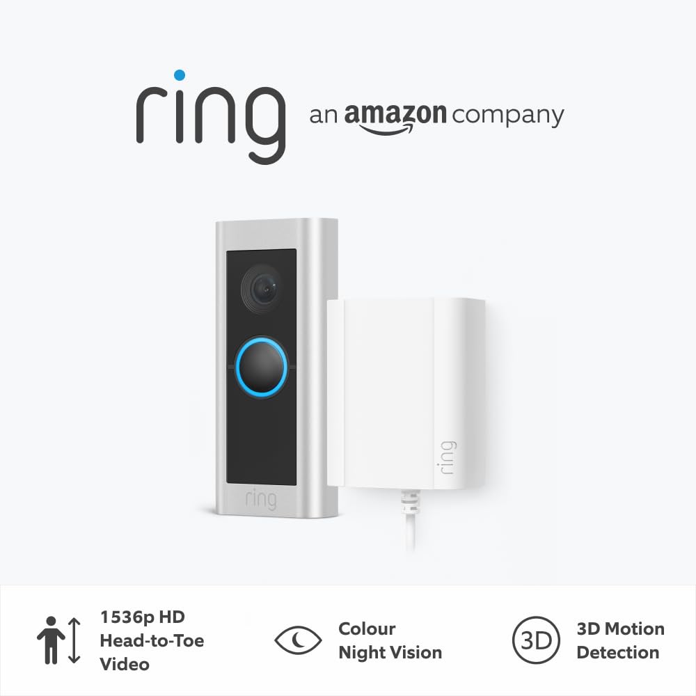 A Ring video doorbell and chime device are displayed with the Ring and Amazon logos above. Icons below, styled like Elementor widgets, highlight 1536p HD video, color night vision, 3D motion detection, and head-to-toe video. alwaysagift.co.uk