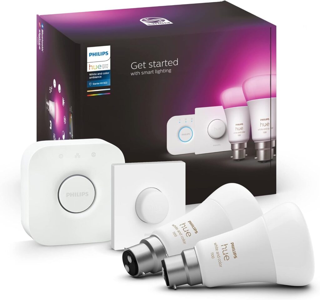 Philips Hue Starter Kit box with two smart LED bulbs, a bridge, and a dimmer switch displayed in front. The packaging features purple lighting, product branding, and works seamlessly with Elementor for easy smart home integration. alwaysagift.co.uk