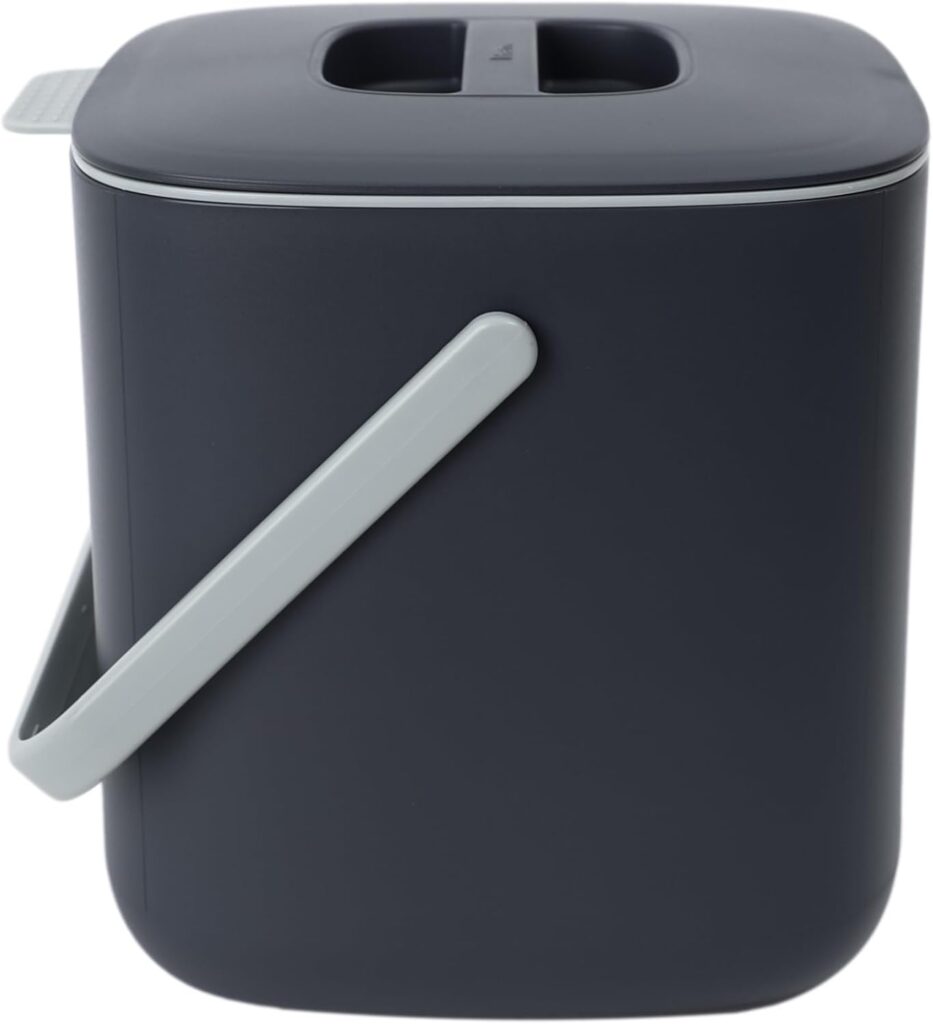 A dark gray, rectangular kitchen compost bin with a matching lid and a light gray handle, perfect for modern Elementor-inspired kitchens, shown against a plain white background. alwaysagift.co.uk