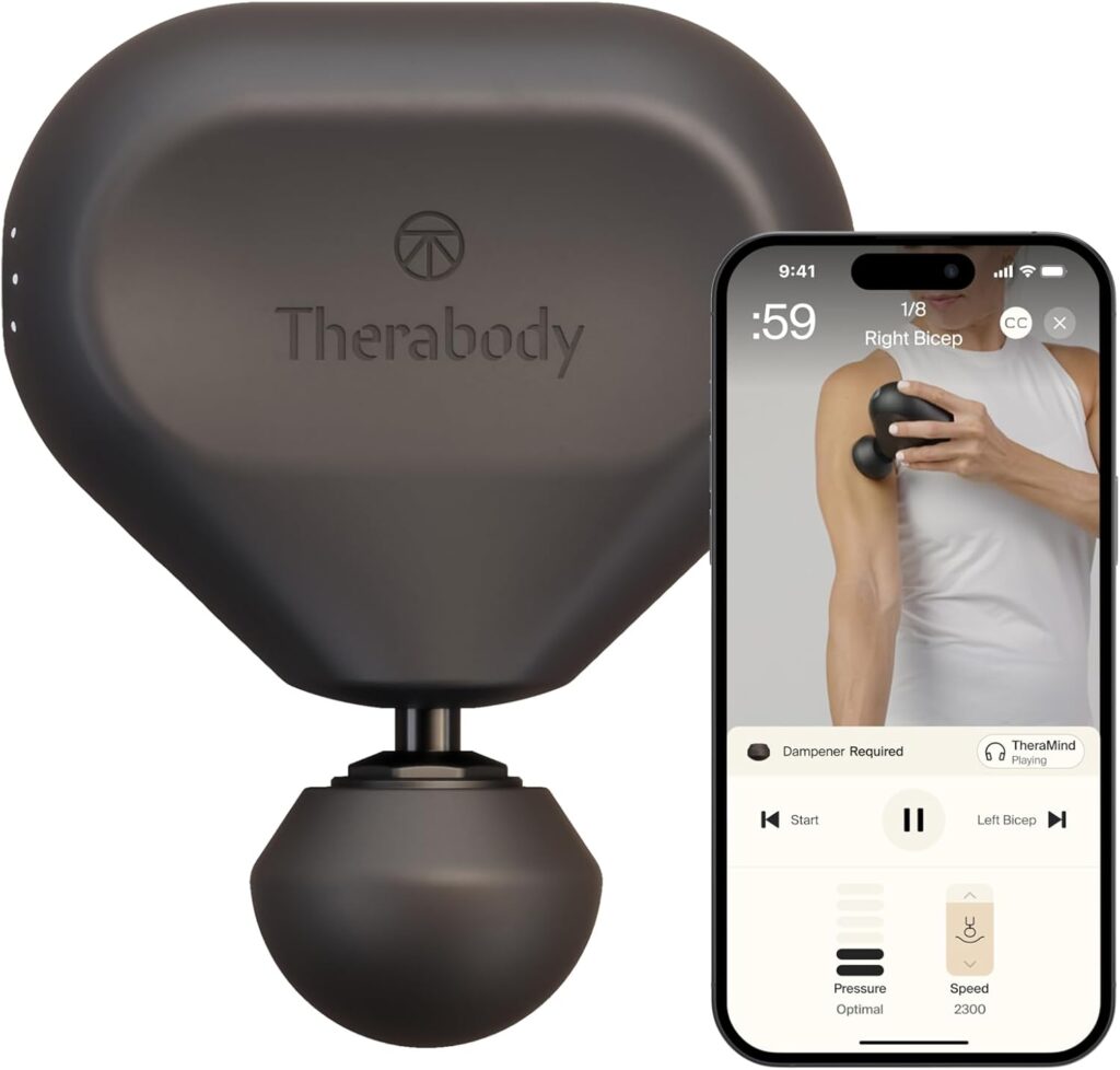 A black Therabody massage device sits beside a smartphone displaying an app, built with Elementor, showing a person using the device on their right bicep. The app highlights settings like pressure, speed, and targeted body part. alwaysagift.co.uk