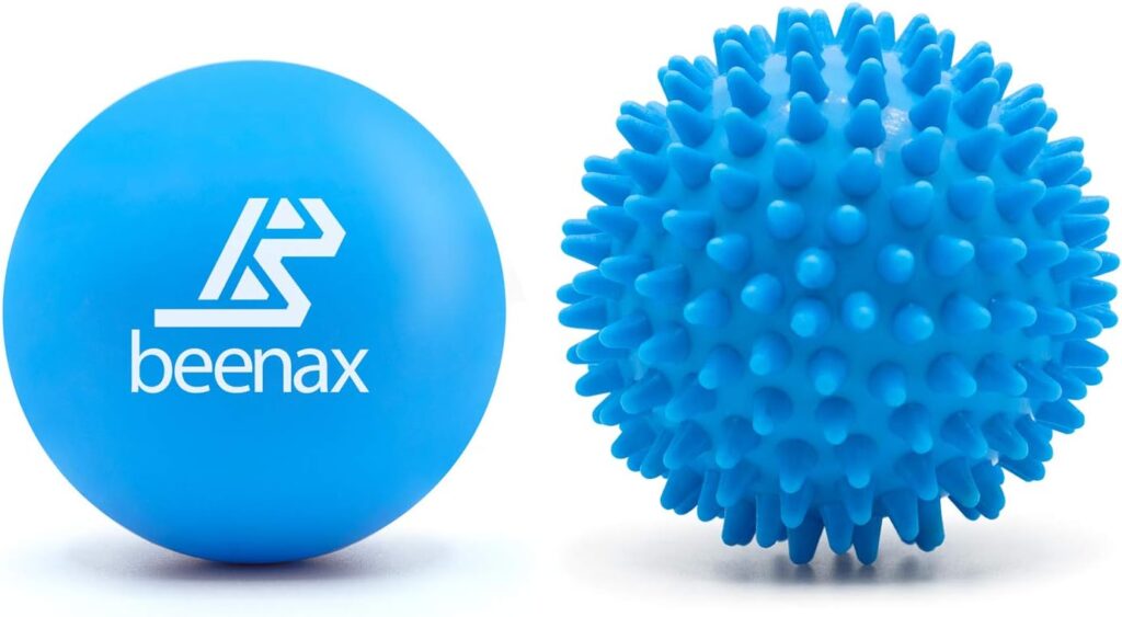 Two blue massage balls: one smooth with the beenax logo and stylized B, the other spiky with short, rounded bumps. Perfect for relaxation or your Elementor-inspired wellness routine. Both are displayed against a white background. alwaysagift.co.uk