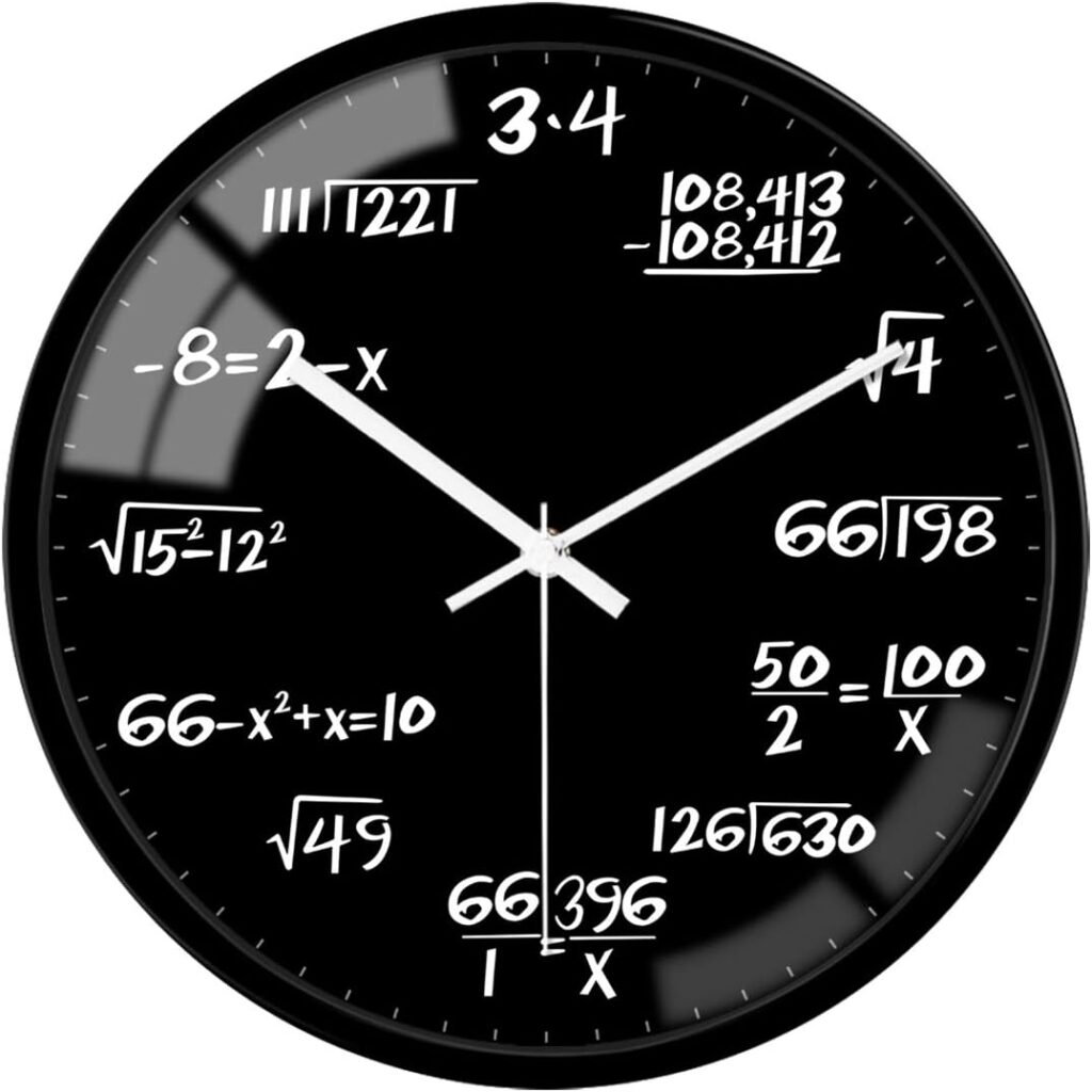 A round black wall clock with white hands and numbers replaced by mathematical expressions—perfect for curious minds seeking intellectual gifts in 2025. Equations, square roots, and fractions mark each hour for a thought-provoking timepiece. alwaysagift.co.uk