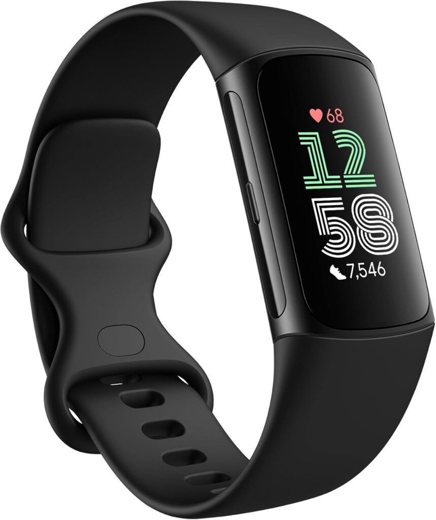A black fitness smartwatch with a rectangular display shows the time as 12:58, a heart rate of 68, and a step count of 7,546. The sleek design and smooth silicone band make it perfect for pairing with your Elementor-powered fitness website. alwaysagift.co.uk