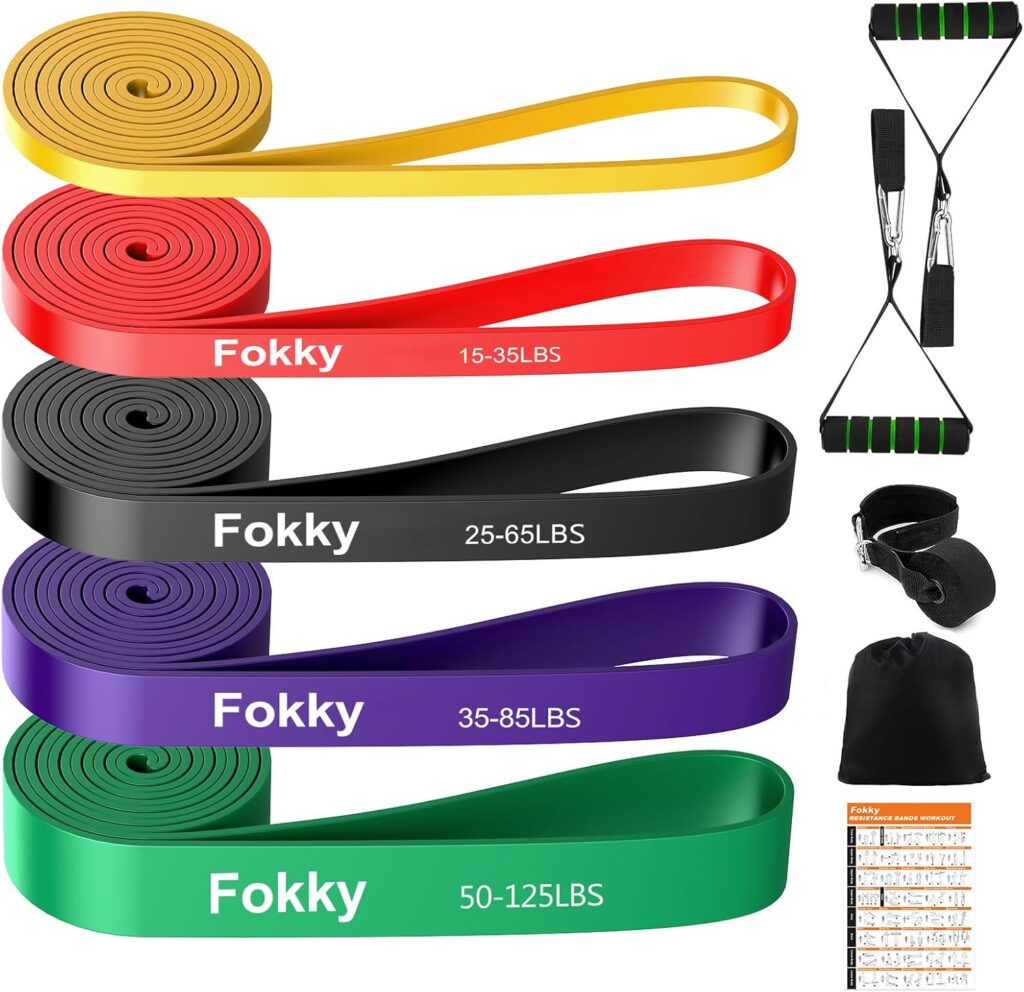 Five resistance bands by Fokky in yellow, red, black, purple, and green with labeled weight ranges—plus handles, an ankle strap, carrying pouch, exercise guide, and Elementor-inspired design for versatile workouts. alwaysagift.co.uk