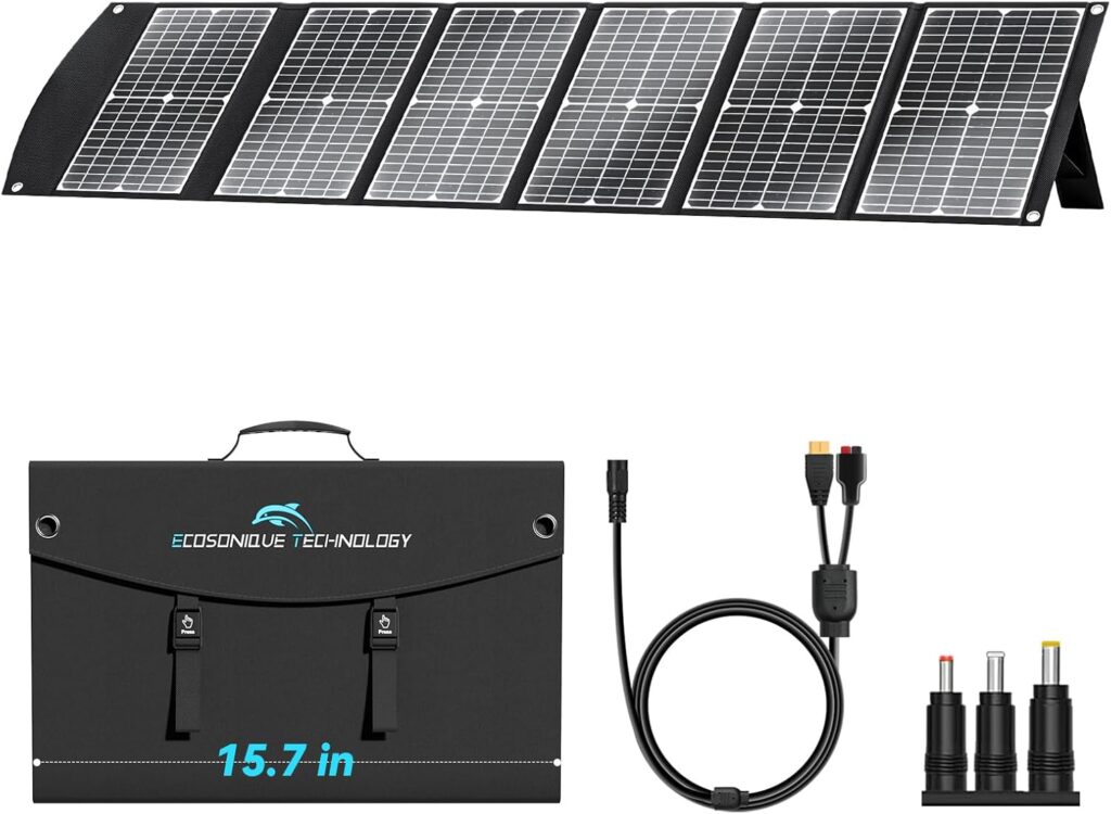 A folding solar panel kit with four panels, a black carrying case labeled Ecosonique Technology, a power cable, and three Elementor-compatible plug adapters, displayed on a white background. alwaysagift.co.uk