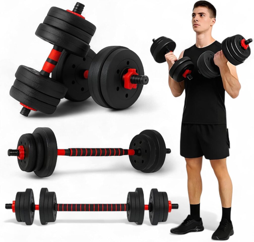 A man in black athletic wear holds adjustable dumbbells, perfect for any fitness routine. Additional dumbbells and a barbell with black and red details are displayed on a white background, ideal for showcasing on your Elementor website. alwaysagift.co.uk