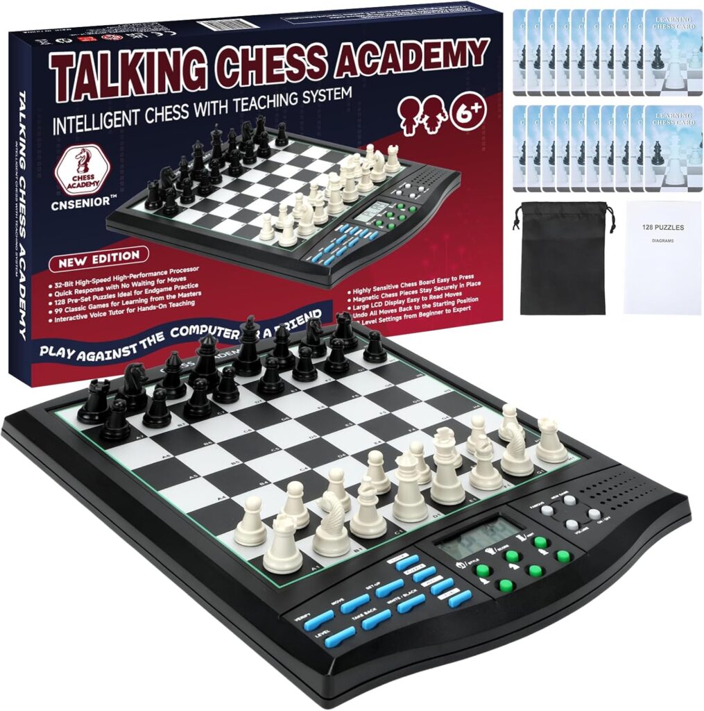 The Talking Chess Academy is the perfect Intellectual Gift for Curious Minds—an electronic chess set with pieces, control buttons, storage pouch, and instruction cards. Its engaging teaching system makes learning chess fun for ages 6+ in 2025 and beyond. alwaysagift.co.uk