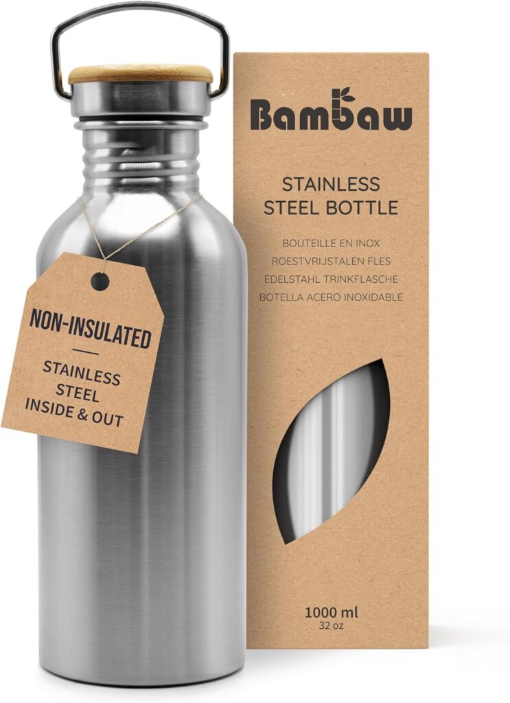 A stainless steel water bottle with a wooden-topped cap and a Non-insulated tag sits beside Bambaw branded packaging labeled Stainless Steel Bottle, 1000 ml, 32 oz—perfect for your Elementor-designed eco-conscious lifestyle. alwaysagift.co.uk