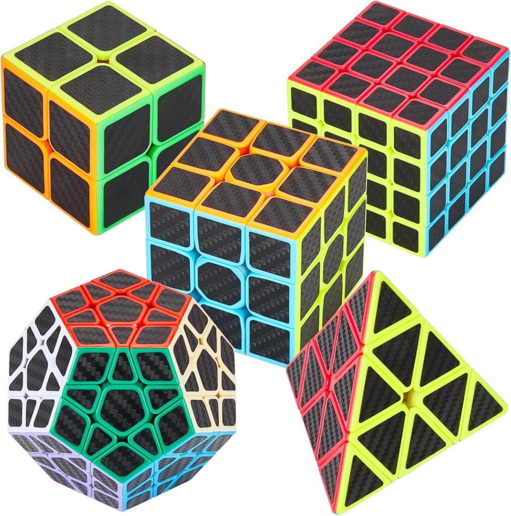 Five colorful twisty puzzles, perfect intellectual gifts for curious minds in 2025, including three cube-shaped puzzles, one pyramid-shaped, and one dodecahedron-shaped puzzle—all with black stickered surfaces and vibrant colorful outlines. alwaysagift.co.uk