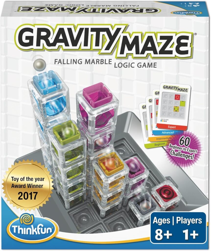 Box cover of Gravity Maze, a falling marble logic game by Thinkfun. Perfect for curious minds and ideal as intellectual gifts, the image shows a 3D marble maze, challenge cards, and highlights its 2025 edition for ages 8+, 1+ players. alwaysagift.co.uk