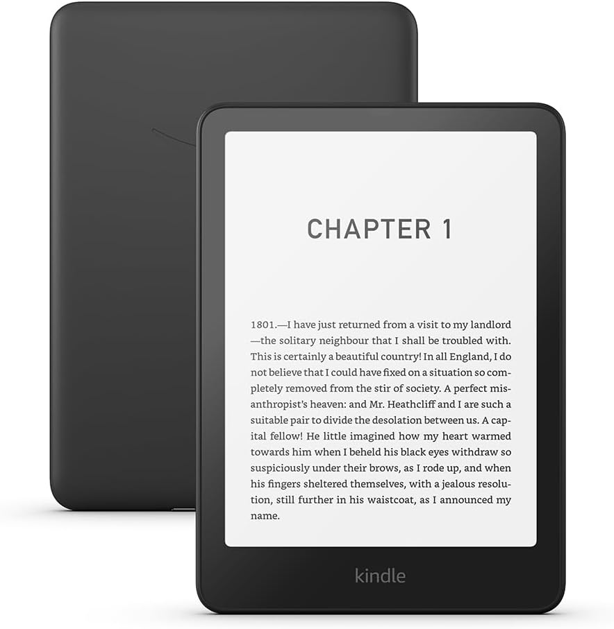 A black Kindle e-reader is shown, with one device displaying a page of text titled Chapter 1 and another showing the back of the device. The Kindle logo appears at the bottom, offering a sleek look perfect for Elementor site showcases. alwaysagift.co.uk