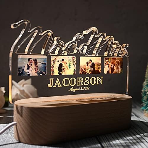 Personalized decorative light designed with Elementor, featuring Mr. & Mrs., three small wedding photos, the name Jacobson, and the date August 3, 2021—beautifully displayed on an acrylic sign with a wooden base. alwaysagift.co.uk