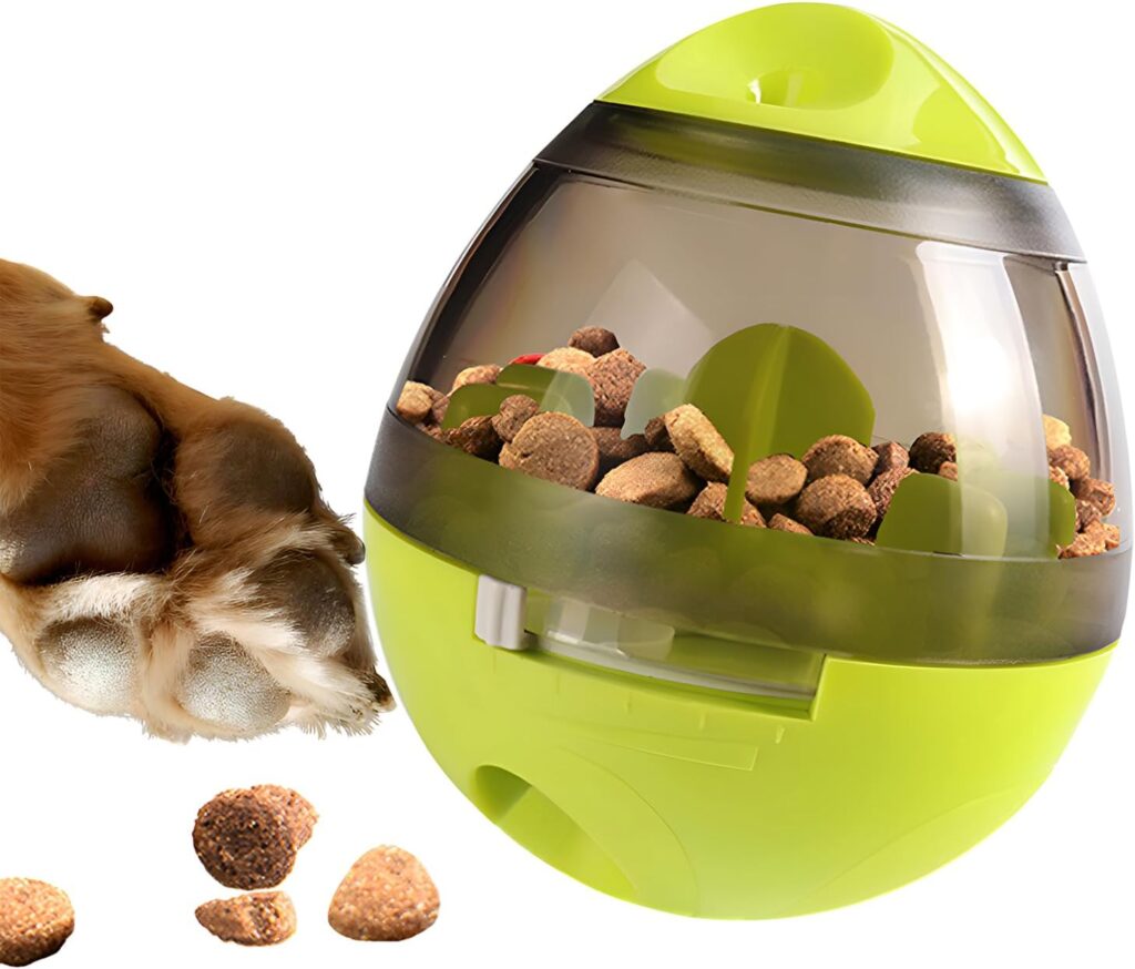 A green and transparent Elementor treat-dispensing toy filled with kibble sits by a dog’s paw, with pieces of kibble scattered on the white surface. alwaysagift.co.uk