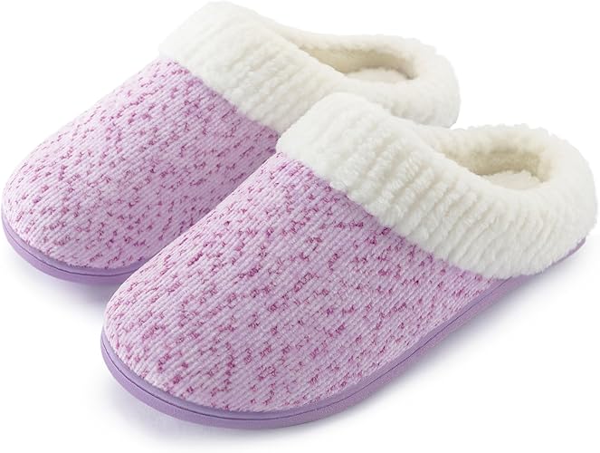 A pair of cozy, light purple slippers with a textured knit pattern and thick, white fuzzy lining around the opening, designed for indoor comfort—perfect for relaxing as you browse or design in Elementor. alwaysagift.co.uk