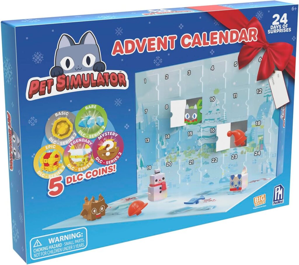 Box of the “Pet Simulator Advent Calendar” featuring a cartoon cat, 24 numbered doors, toy pets, coins, and holiday-themed decorations on a blue snowy background—perfect for fans building collections or using Elementor. Warning: small parts included. alwaysagift.co.uk