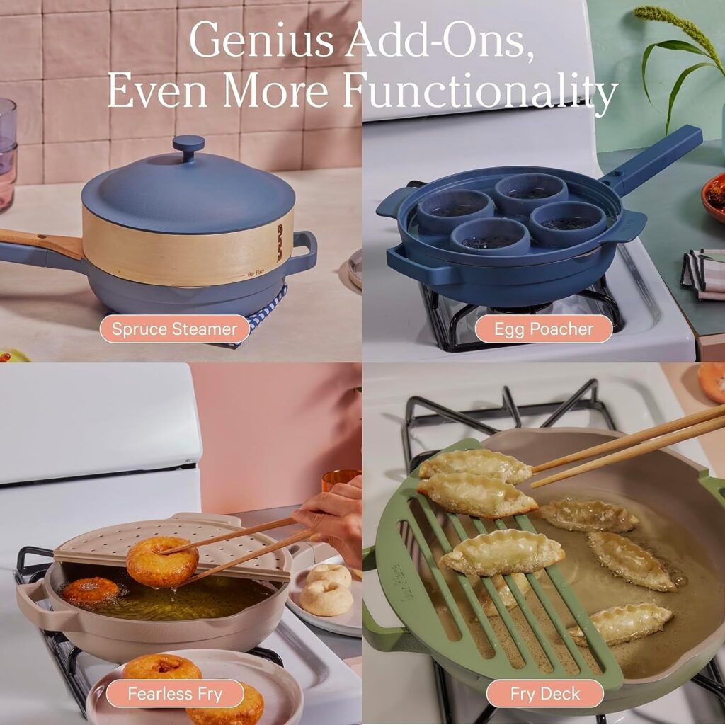 A collage of cookware add-ons: a blue spruce steamer with wood handle, a blue egg poacher on a stove, a hand frying food using an Elementor slotted spatula, and a fry deck draining dumplings. Labels name each cooking tool. alwaysagift.co.uk