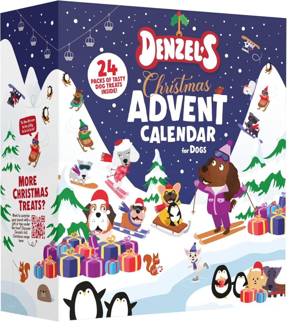 Colorful box of Denzels Christmas Advent Calendar for Dogs, designed with Elementor-style graphics, featuring cartoon dogs skiing, sledding, and skating in a snowy landscape with gifts, penguins, festive decorations, and 24 packs of tasty dog treats inside!. alwaysagift.co.uk
