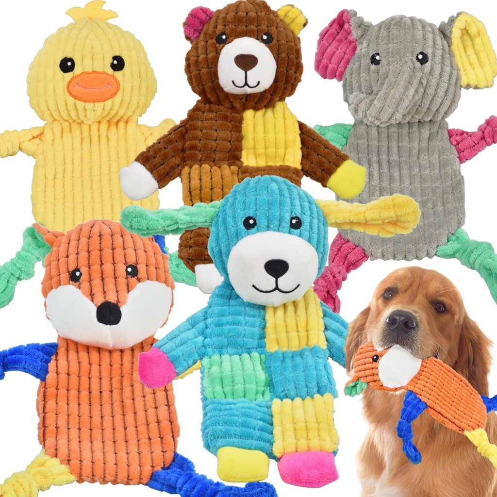Five colorful, plush animal toys are arranged in a group—perfect for an Elementor-inspired nursery—including a duck, bear, elephant, fox, and dog. A golden retriever holds the orange fox toy gently in its mouth. alwaysagift.co.uk